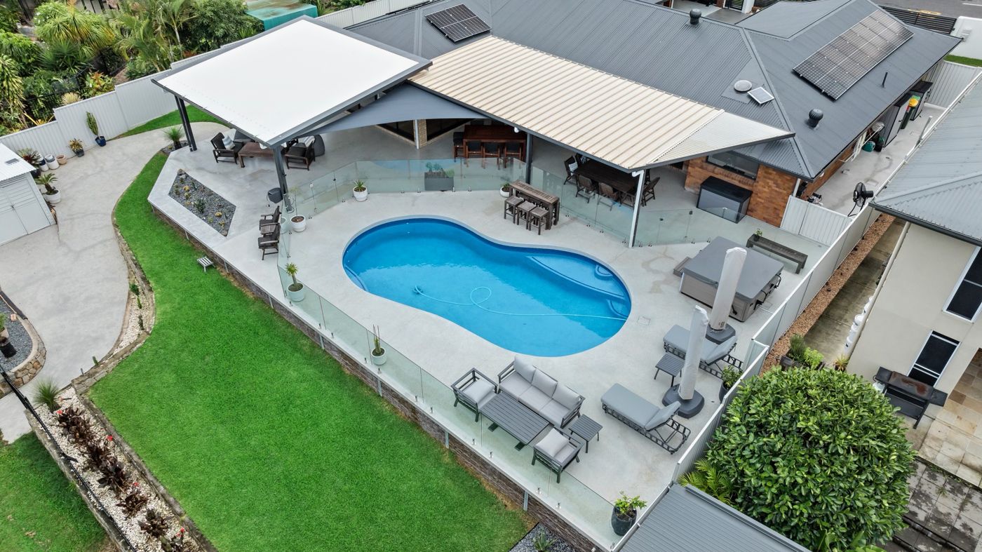 Aerial view of polished concrete pool surround